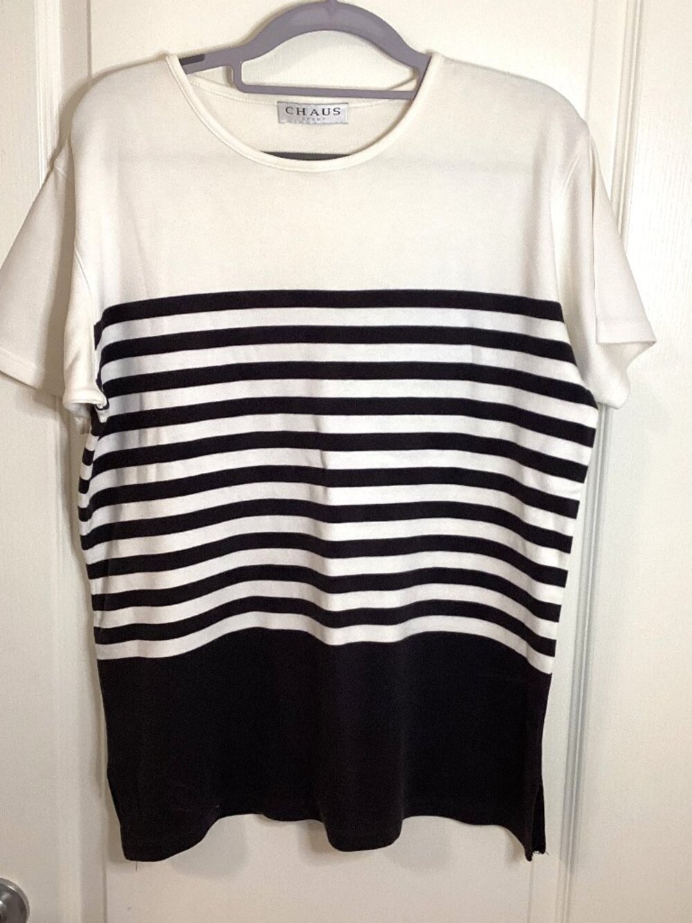Chaus Sport Women's T-Shirt Short Sleeve Top Casual Classic Black White Strips